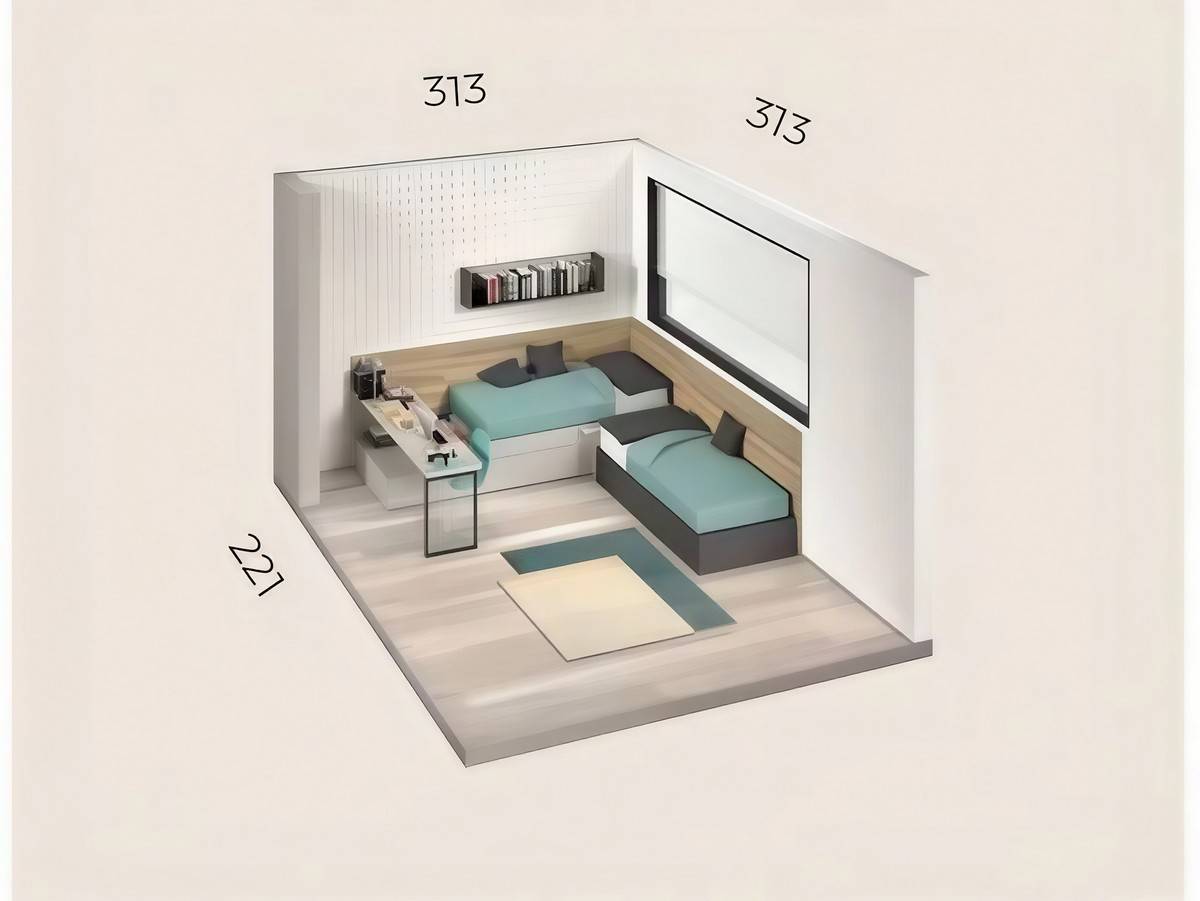 Habitacion Juvenil conjunto modular doble en angulo con block base nido y baules base arcon. Modelo FORMAS-159, imagen 3