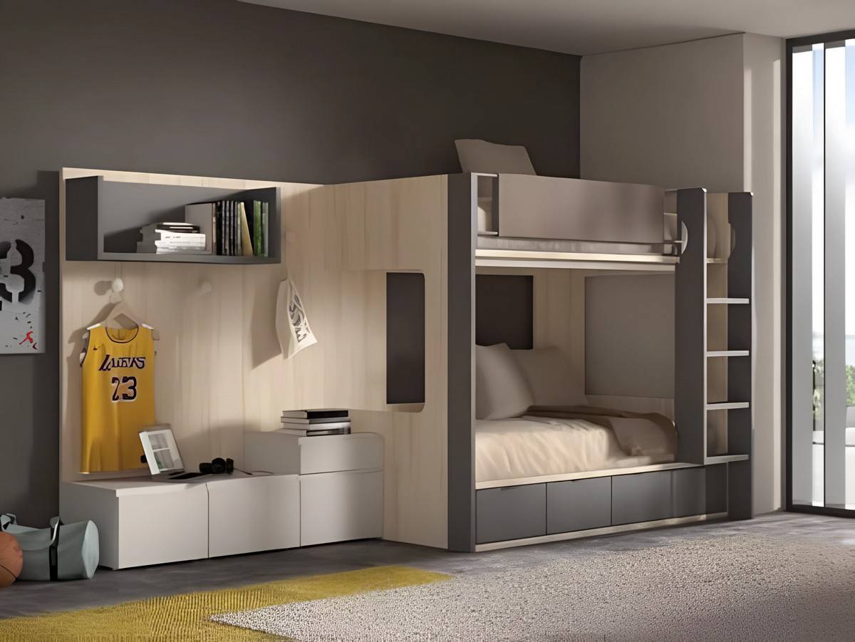 Habitacion Juvenil cama litera bicolor derecha con módulo 4 contenedores. Modelo FORMAS-201, imagen 2