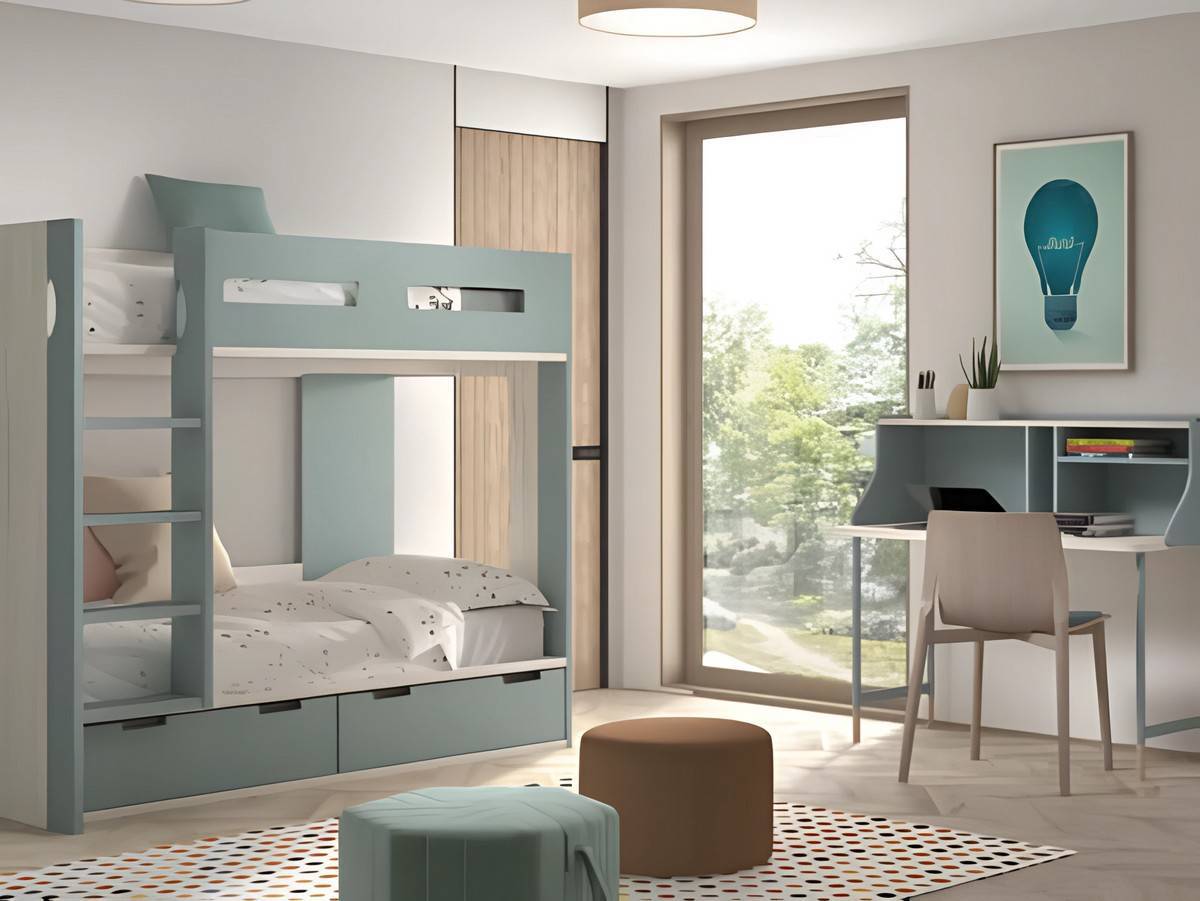 Habitacion Juvenil cama litera bicolor  con módulo 2 baúles y quitamiedos dm. Modelo FORMAS-203, imagen 2