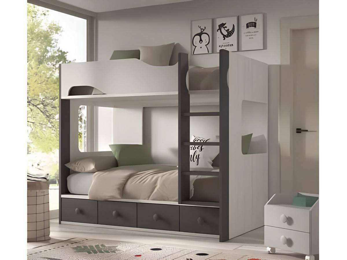 Habitacion Juvenil cama litera bicolor  con módulo 4 contenedores y quitamiedos forma. Modelo FORMAS-204, imagen 2
