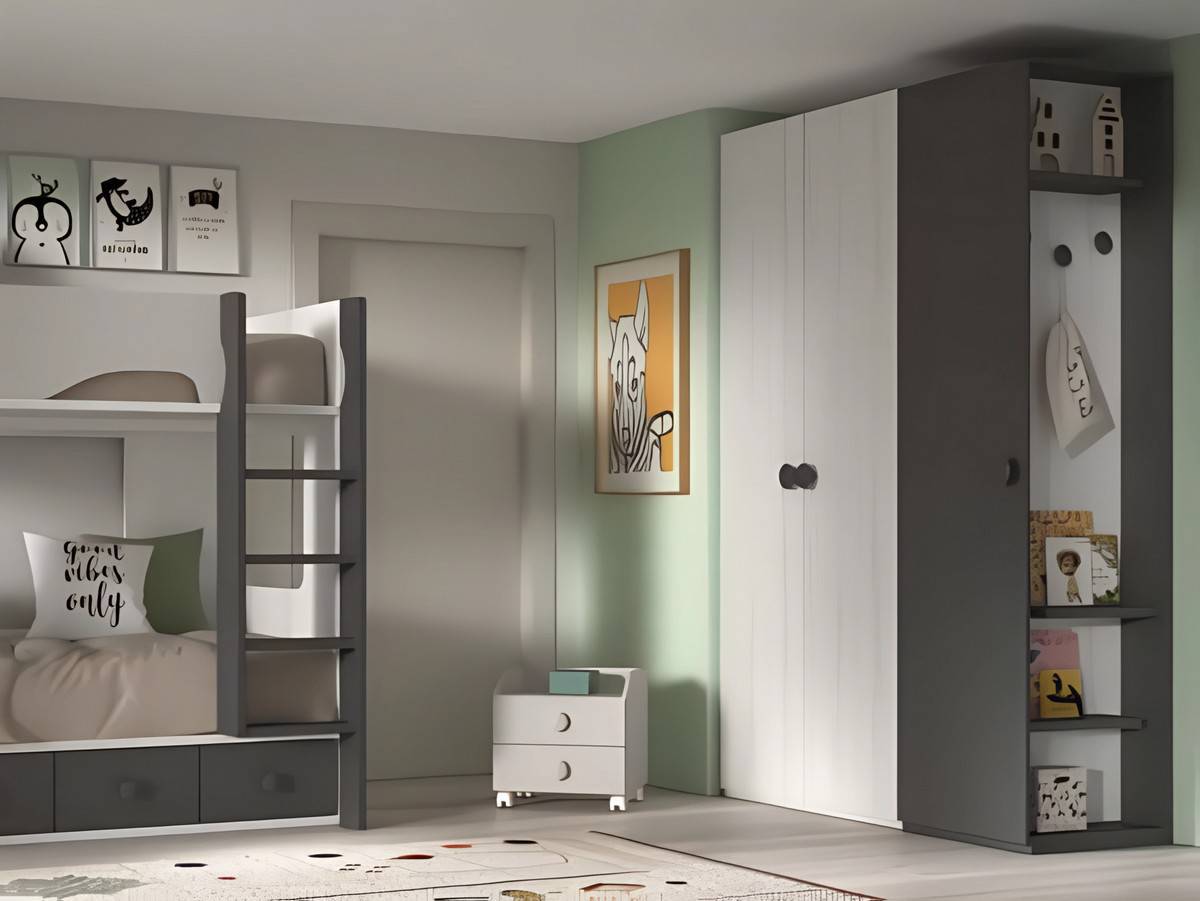 Habitacion Juvenil cama litera bicolor  con módulo 4 contenedores y quitamiedos forma. Modelo FORMAS-204, imagen 3