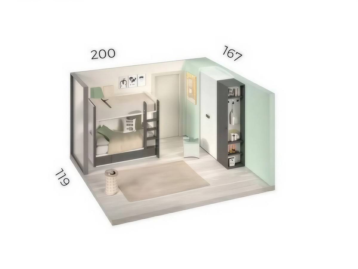 Habitacion Juvenil cama litera bicolor  con módulo 4 contenedores y quitamiedos forma. Modelo FORMAS-204, imagen 4