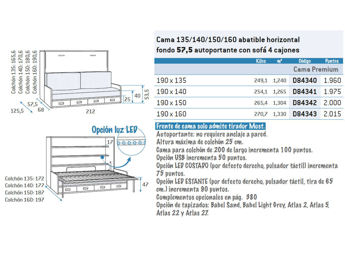 Habitacion Juvenil cama abatible horizontal matrimonio con sofá 4 cajones led y usb.   . Modelo FORMAS-268, imagen 4