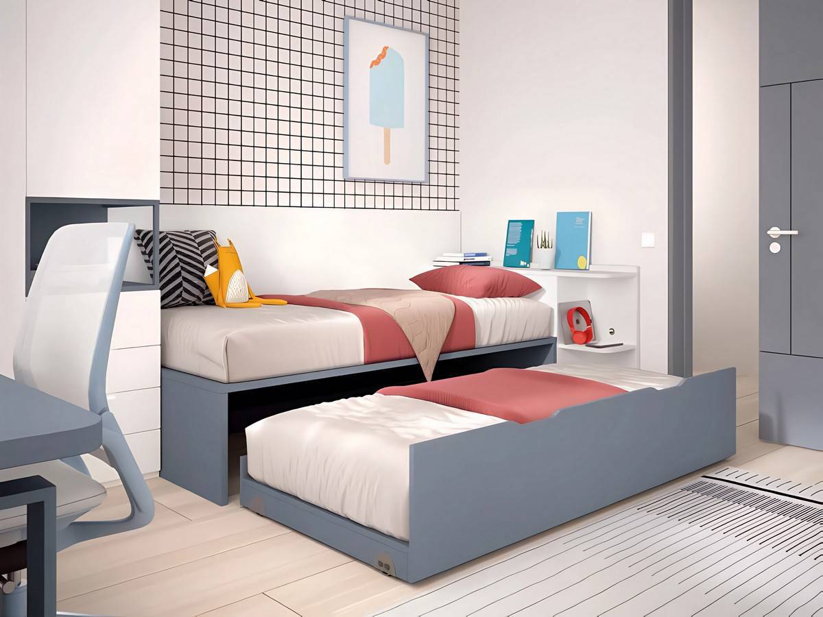 Habitacion Juvenil cama juvenil compacto bicama 39 con base 30 y cama de arrastre inferior, práctica y funcional de 190x90 cm.. Modelo FORMAS-A056, imagen 3