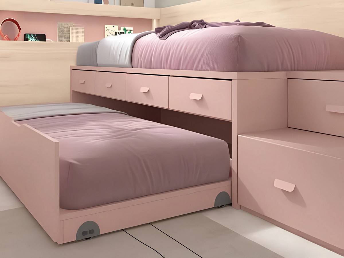 Habitacion Juvenil cama juvenil compacto bicama 57 con base 30, nido de arrastre y 4 cajones bajos, incluye escalera con 2 contenedores, medida 190x90 cm.. Modelo FORMAS-A057, imagen 4