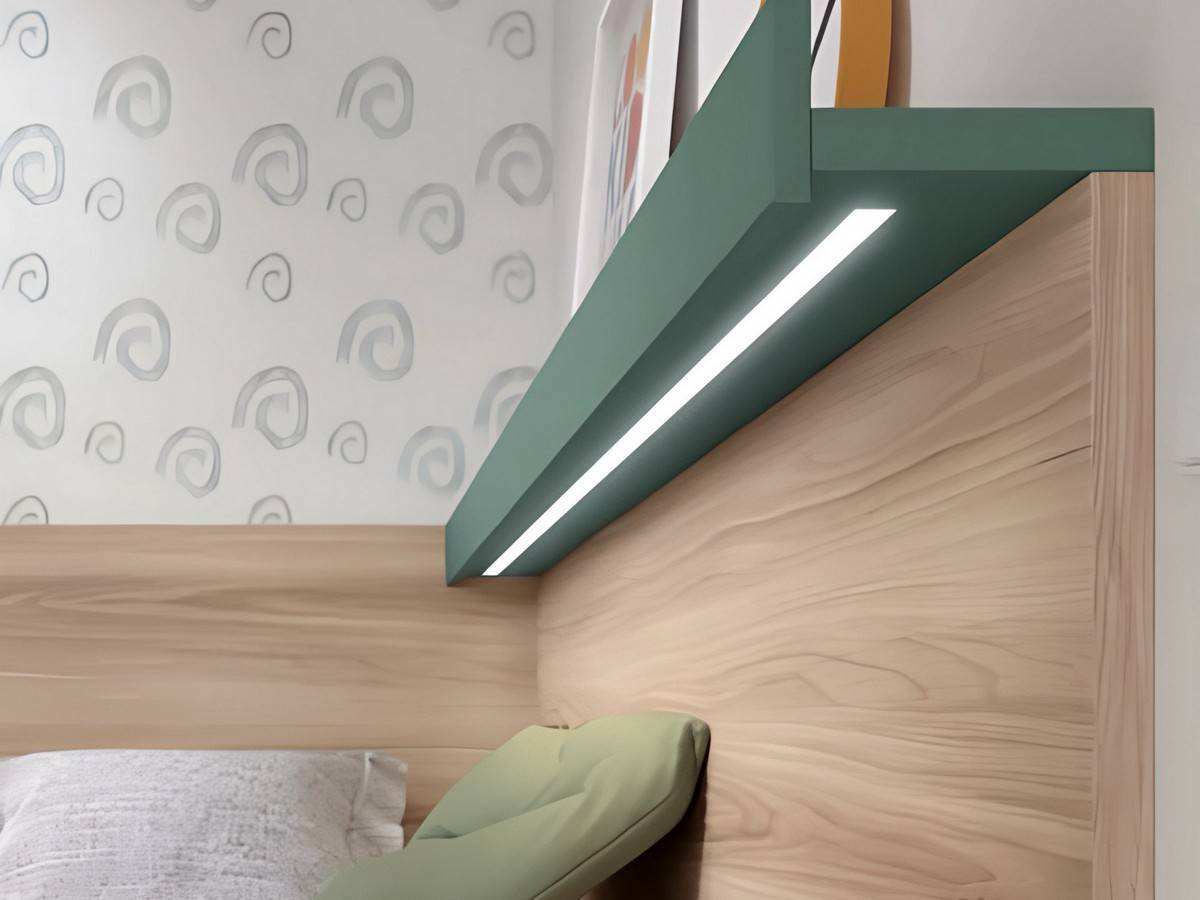 Habitacion Juvenil conjunto de módulos base con contenedores y arcón rincón de apertura frontal, diseño especial de fondo, ideal para aprovechar el espacio con estilo. Modelo FORMAS-A059, imagen 5