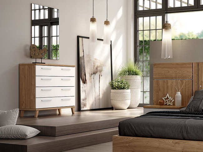 cabezal ena led y mesita 2 cajones basic pata inclinada - una solución perfecta para crear un dormitorio de matrimonio elegante y funcional