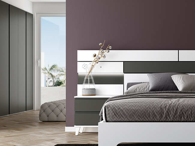 cabezal horizon leds y mesitas 2 cajones jota pata inclinada - ideal para dormitorios de matrimonio que requieren una solución flexible y moderna