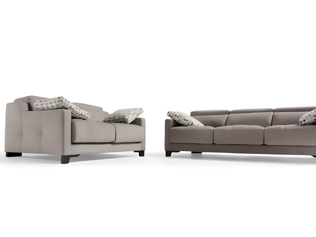  en la nueva colección de divanistar, el sofá cuenta con una estructura de madera de pino y está recubierto con espuma de poliuretano de 25 kg. los almohadones de asiento son de hr 30 kg y los almohadones de respaldo están hechos de fibra de alta resistencia oftibre. los cojines de asiento son dobles, compuestos por un 60% de viscoelástica y un 40% de fibra. los respaldos son reclinables y cuentan con cabezal metálico. además, el sofá tiene patas metálicas.. Modelo GINO, imagen 3