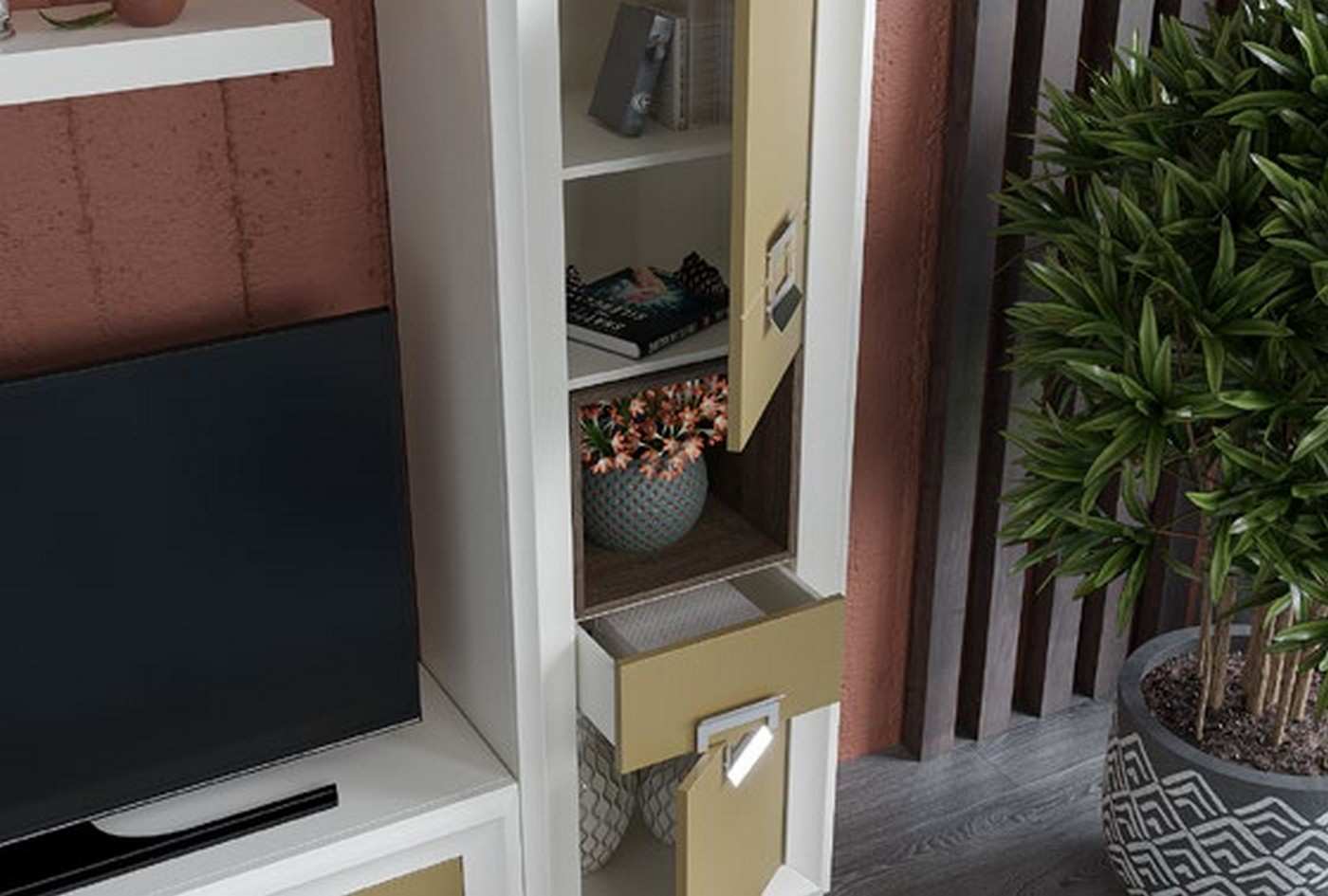  conjunto de salón contemporáneo havana-09 de 310 cm con vitrina alta, módulo bar, mueble tv y estante, personalizable en colores, medidas y acabados.. Modelo HAVANA-09, imagen 2