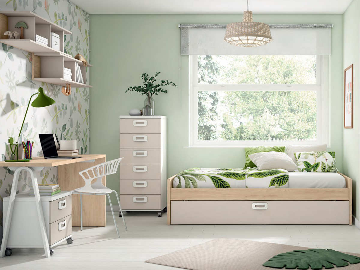 Habitación juvenil nórdica con cama nido, armario, escritorio y almacenaje