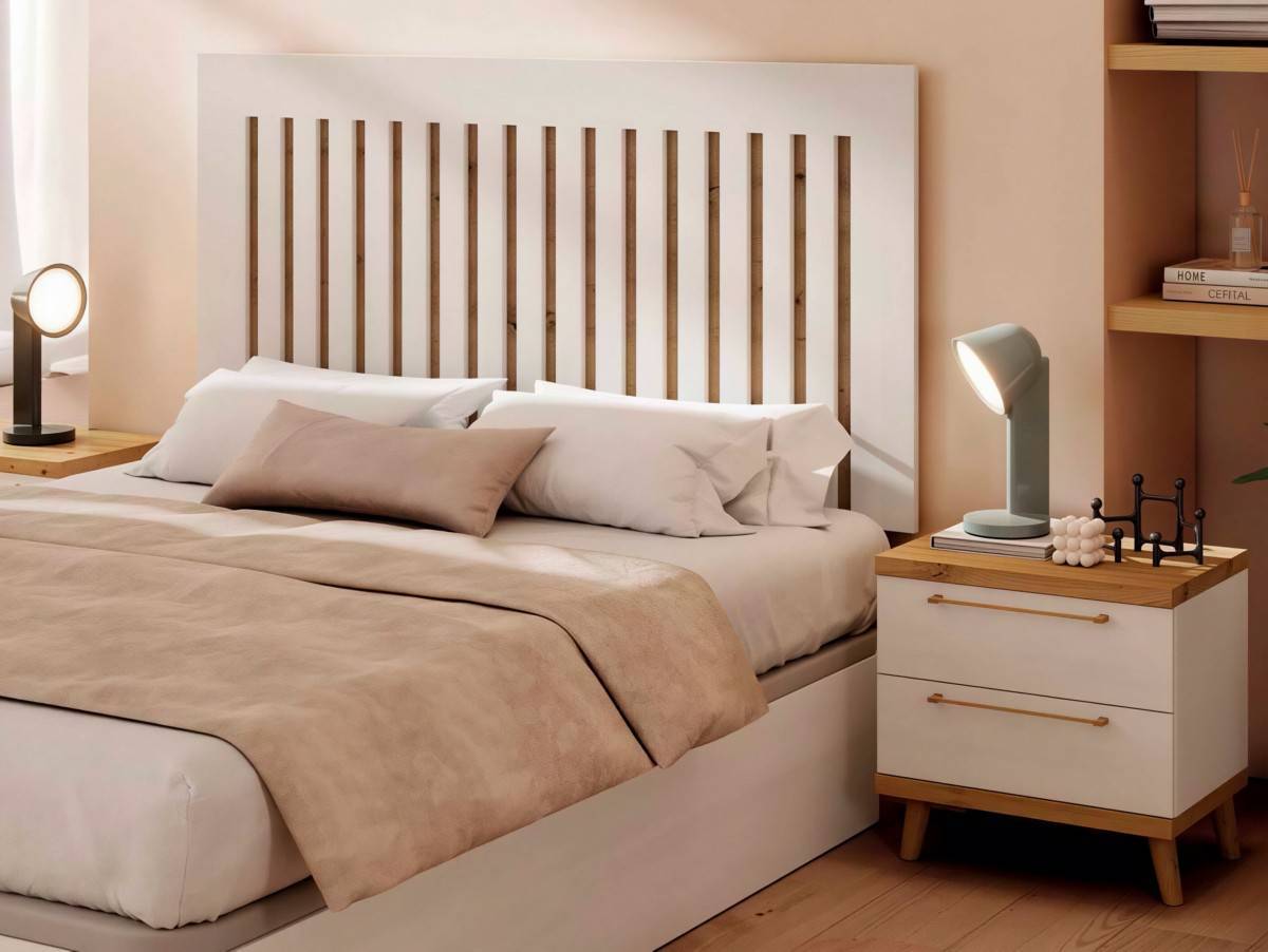  cabezal indo 150 cm polar detalle trasera artisan, 2 mesitas 2 cajones polar tapa-base artisan con juego de 4 patas redondas 12 cm artisan.. Modelo KRONOS-809, imagen 2