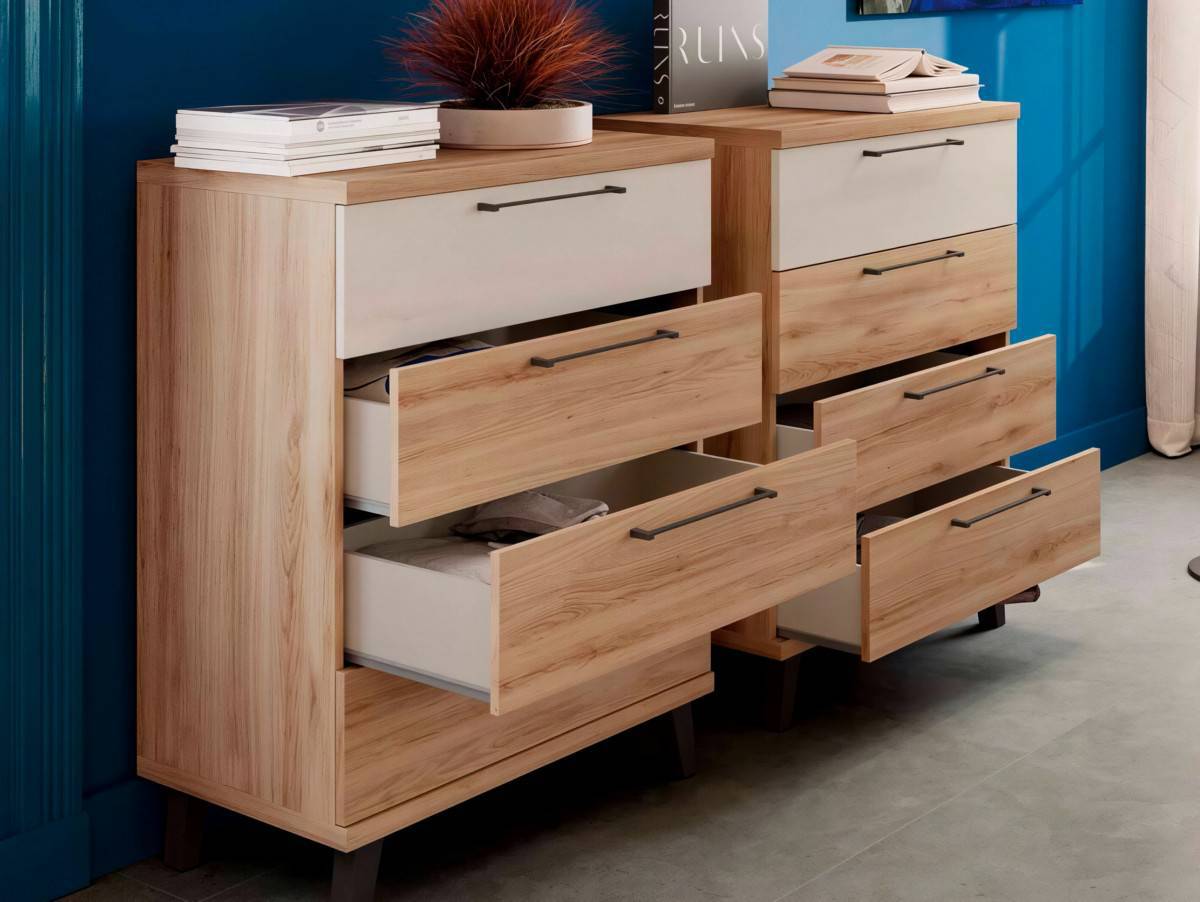  cabezal navia 150 cm roble natural detalle trasera polar, 2 mesitas 2 cajones roble natural frente 1 cajón polar con juego de 4 patas inclinadas 12 cm negro.. Modelo KRONOS-812, imagen 2