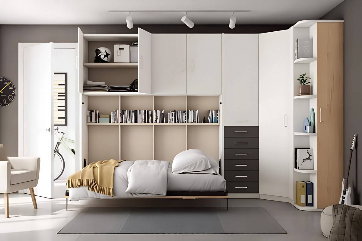 Habitacion Juvenil dormitorio con mueble abatible horizontal de 135 cm con cuatro puertas y una altura de 218 cm.. Modelo LIDER-233, imagen 2