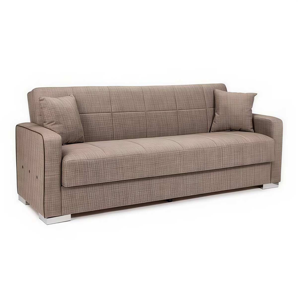  nuestro sofá cama tapizado en tela de alta calidad, que combina estilo y funcionalidad. con su diseño moderno y versátil, este sofá ofrece una experiencia de asiento cómoda gracias a los muelles en el asiento y respaldo, que proporcionan un excelente soporte y comodidad. las patas metálicas en acabado cromo añaden un toque de elegancia y durabilidad al sofá. este sofá cama es perfecto para adaptarse a diferentes espacios y necesidades, ofreciendo un lugar acogedor para sentarse durante el día y una cómoda cama para descansar durante la noche. disfruta de la comodidad y estilo que ofrece este sofá cama con un acabado impecable.. Modelo NK-SOFA-CAMA-TERRA, imagen 4