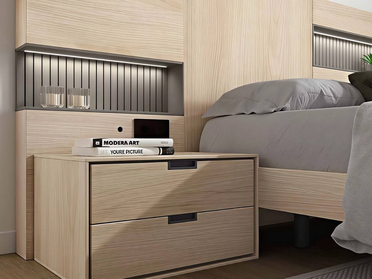  dormitorio noa cabezal nº 22 de 290cm con mesitas de 62cm tirador embutido y led. Modelo NOAR-309, imagen 2