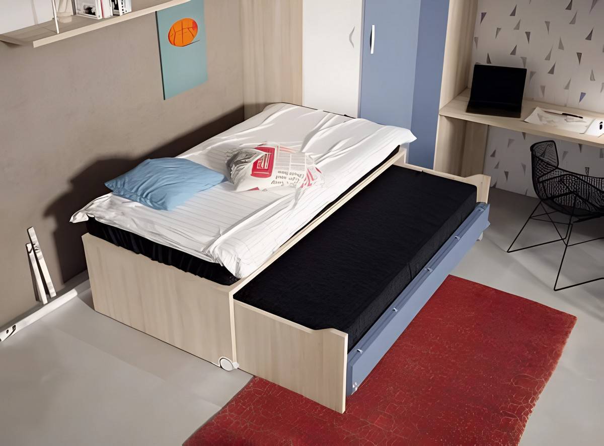 Habitacion Juvenil compacto 45 base 30mm de grosor con cama desplazable oculta y 4 cajones inferiores pequeños. Modelo ORTS-34, imagen 2