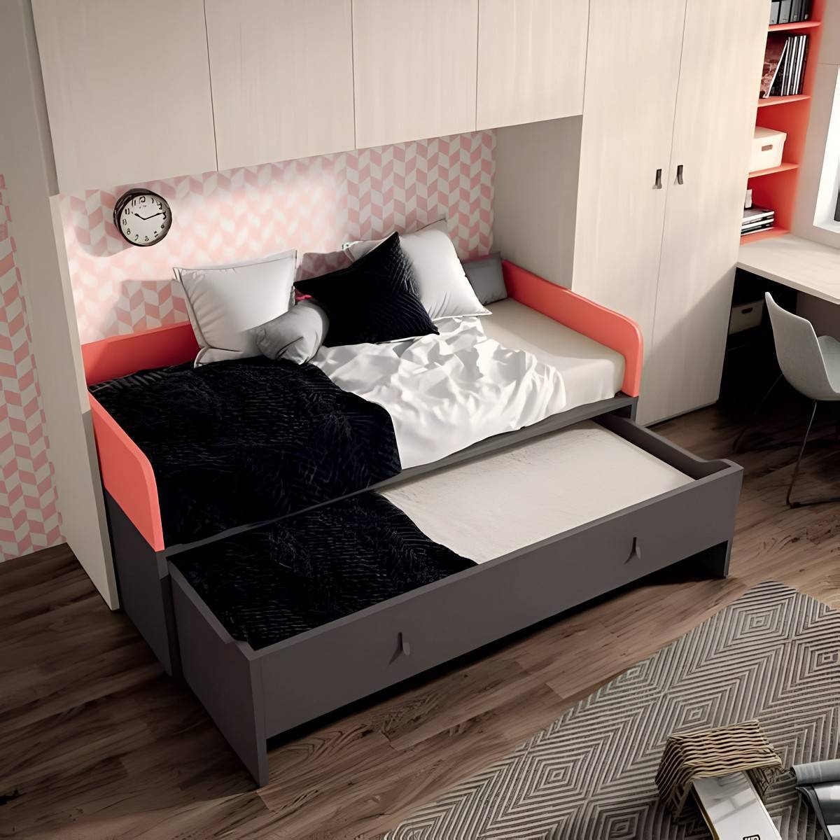 Habitacion Juvenil compacto 45 base 30 cama desplazable oculta y 4 cajones para colchon 190x90 mas corona. Modelo ORTS-39, imagen 2