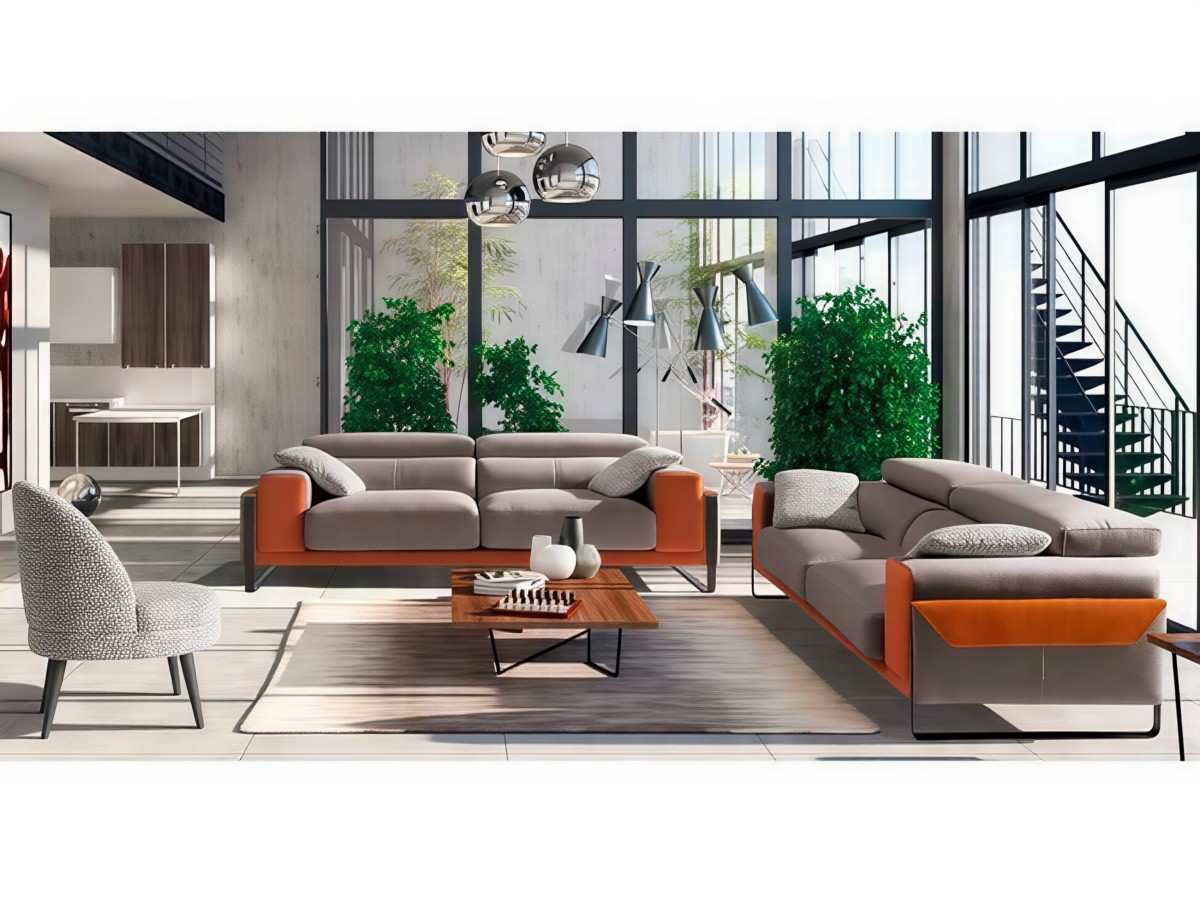  el sofá sharon tiene una estructura metálica y una estructura de madera de pino, recubierto con espuma de poliuretano de 1. 5cm. los almohadones de asiento cuentan con hr 30kg y muelle ensacado, mientras que los almohadones de respaldo están hechos de fibra de alta resistencia ortifibre . los respaldos tienen una riñonera de 22kg y son reclinables con cabezal metálico. además, el sofá tiene patas metálicas. sharon destaca por su diseño compacto y expresivo, con acabados texturizados y patas estilizadas.. Modelo SHARON, imagen 5