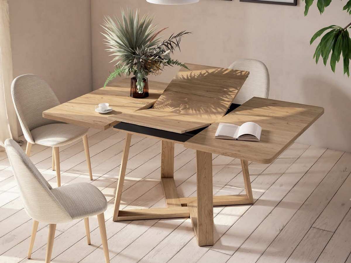 Mesa Comedor mesa code pie cross 100x100 cm. 
medidas abierta:
• mesa 100 cm:
1 extensión: ancho 145 x fondo 100 cm .
• mesa 110 cm:
1 extensión: ancho 155 x fondo 110 cm.
apertura con guías sincro y extensión libro.
bastidor y pie metálico color blanco o grafito.. Modelo CODE-CROSS-NOD, imagen 2
