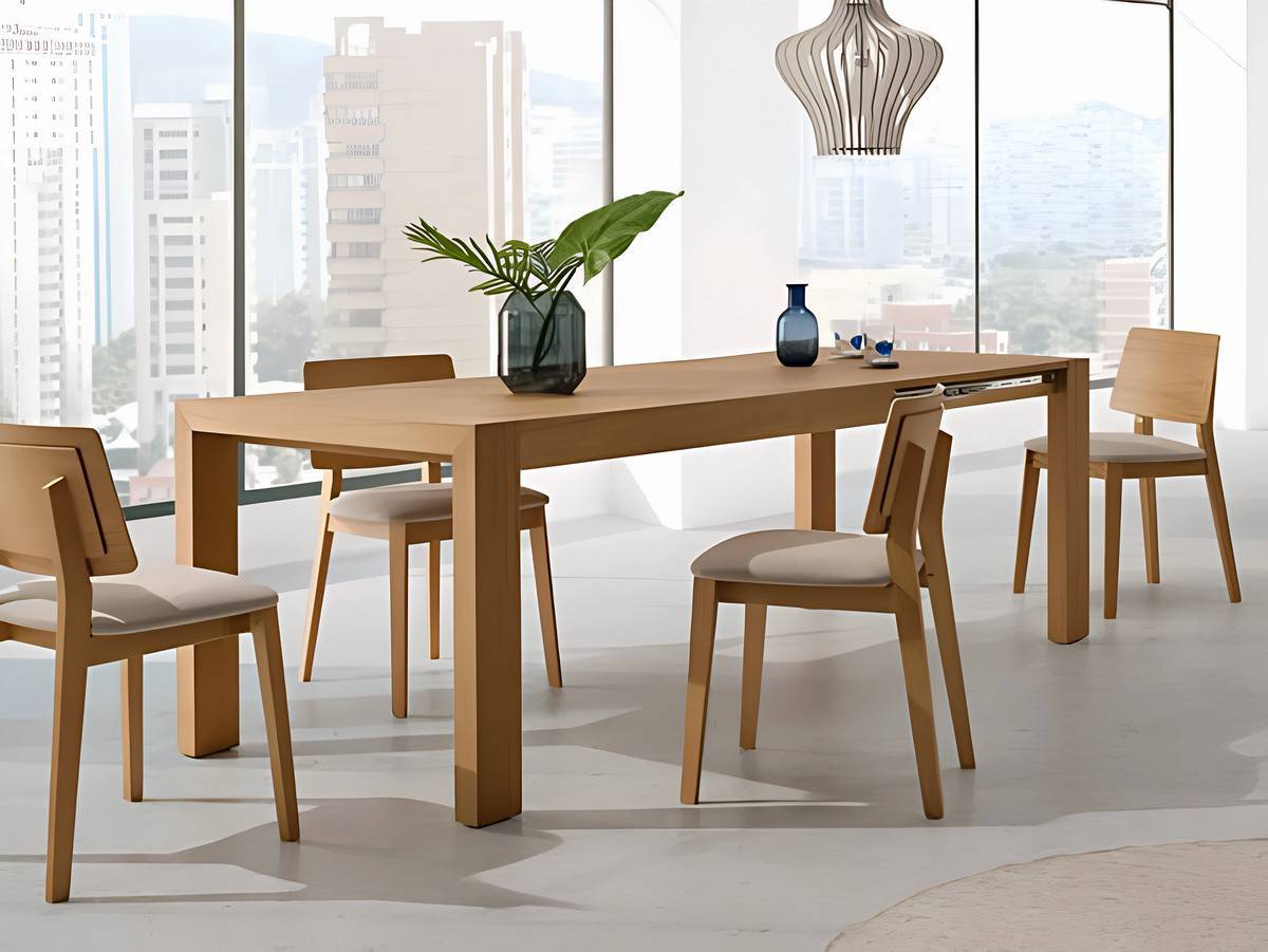 Mesa Comedor mesa retangular con 1 extensible oculto de 60 y apertura con pata corredera.  patas  en arco  con pata corredera de melamina 6*12cm. apertura del extensble formato libro. medidas:  90200x90 cm. más opciones de colores y medidas disponibles.. Modelo PACK-MESA-EVORA-Y-4-SILLAS-PMI-BASIC, imagen 6
