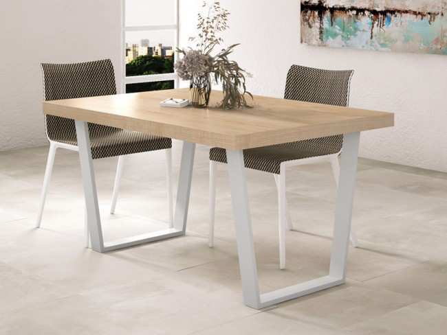 <p> mesa comedor fija u tamborada madera / metal 140 x 90 x 76 </p> <p> colores metal: blanco, negro y plata gris </p> <p class='cyb'>medida: 140 cm </p> Modelo MUEBLES-SALON-COMEDOR-MARE-MESA-290