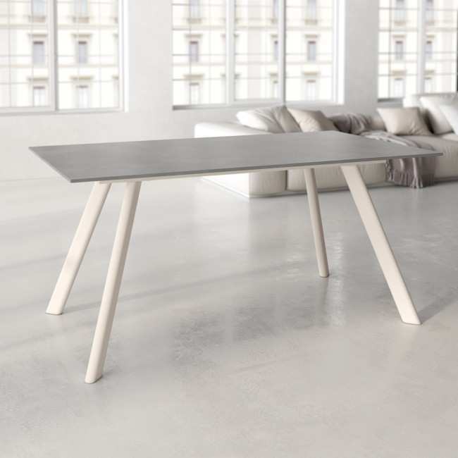 mesa comedor fija porcelanico rectangular oman con patas metal marfil y tapa melamina varios acabados. 2 opciones de medidas l160 l180 <br><br> medidas: 160 x 90 cm Modelo OMAN-MARFIL-CEMENTO-BGL