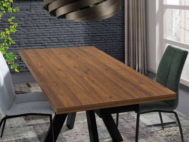 mesa de comedor con 4 patas centrales y tapa de madera rectangular y extensible .<br>resistente al calor 80º<br>antireflejos,huellas y rayas.<br>fácil limpieza.<br>opcion mas colores<br><br>medidas: 140|210*90 cm. mesa salon comedor l140 Modelo SRS-FOREST-X-TABAK-CANTO-MADERA