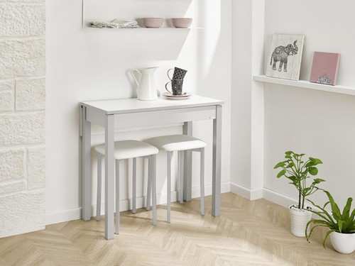 <br>mesa extensible. encimera laminado 19 mm. patas metálicas color aluminio epoxi o blanco texturizado. armazon laminado color aluminio. apertura abatible con 1 extensible de 20 cm. laminado en color blanco. color blanco . opcion mas medidas<br>medidas: 40/80 x 60 cm Modelo VLC-BAYONA-LAMINADO