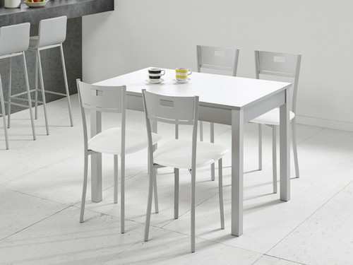 <br>mesa extensible. encimera laminado 19 mm. patas metálicas color aluminio epoxi o blanco texturizado. armazon laminado color aluminio, blanco o negro. color blanco, aluminio, cemento, negro, roble arena, roble medio, roble tostado . <br><br><strong> opciones:</strong><br><br> .-mas colores y medidas<br>.-patas con ruedas<br>.-altura especial hasta 90 cm<br>.-altura especial hasta 110 cm<br>.-patas metalicas lacado texturizado<br>.-patas de madera de haya <br> .-encimera color piedra blanca, piedra cemento, piedra grafito, roble bosque, roble nogal, roca blanco, roca negro, vintage blanco<br><br>medidas: 100 x 60 cm Modelo VLC-GENOVA-LAMINADO-FIJA