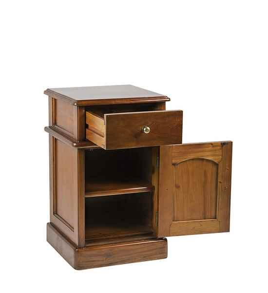 Mesita vintage victoriana con cajón y puerta de almacenamiento.