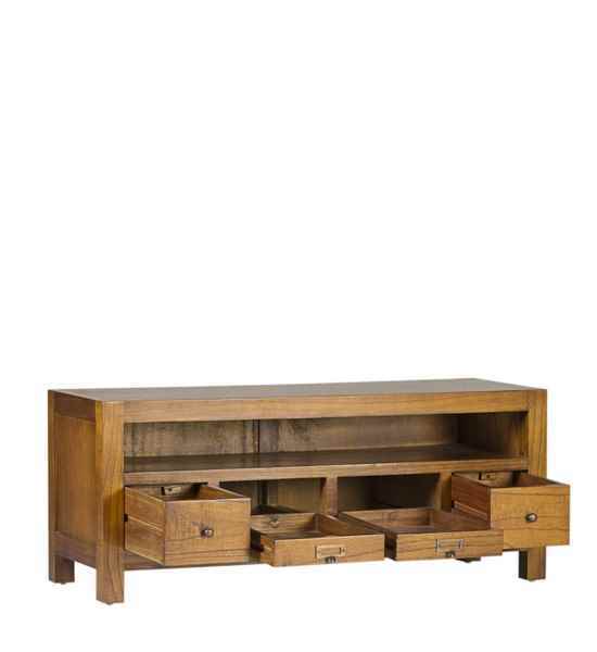 Mueble TV colonial con cajones y compartimiento abierto.