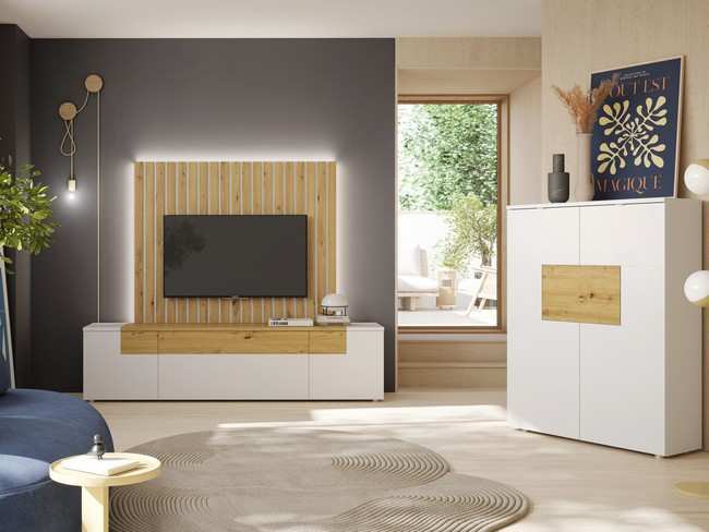 salon moderno 200+110 cm con mueble bajo con dos puertas y un cajón, un panel para tv y un mueble bar bajo con tres puertas, TEMPO-904