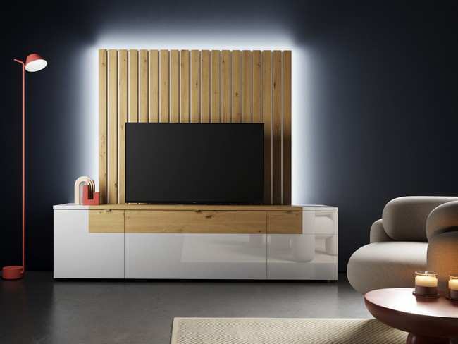 mueble bajo 200 cm con dos puertas y un cajón en alto brillo, un panel para tv con opción de añadir tiras de leds para el TEMPO-908