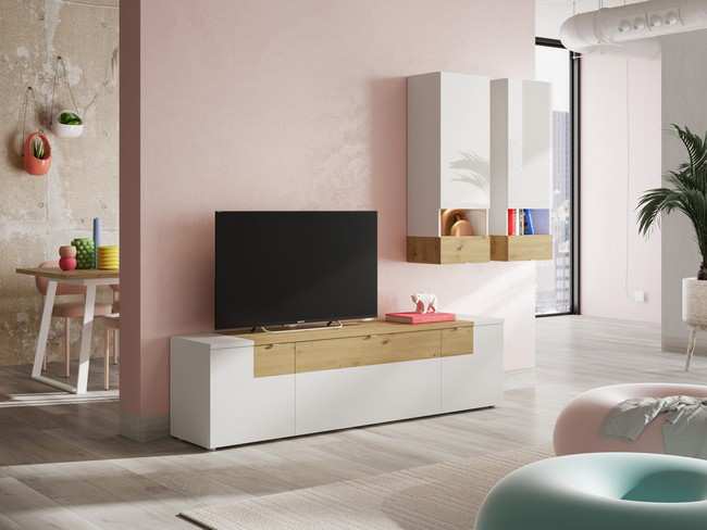 conjunto 240 cm mueble bajo tv en alto brillo, y altos vertical para colgar con puerta cristal en alto brillo _tv TEMPO-910