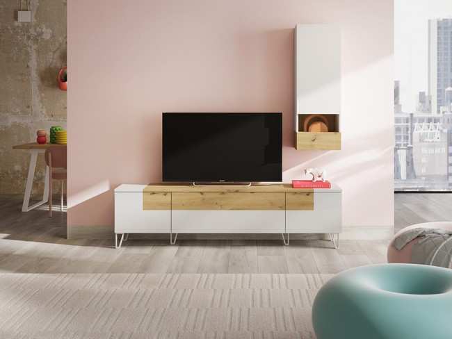 salon 200 cm mueble tv en alto brillo con patas diáfanas de 14 cm y alto para colgar con puerta y cristal. _tv TEMPO-911