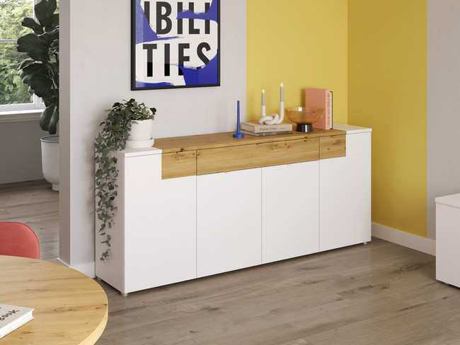 aparador de 200cm con 4puertas y cajon frentes blanco mate (kit) Modelo TEMPO-T31 - pensado para ser útil y estilizado en salones modernos