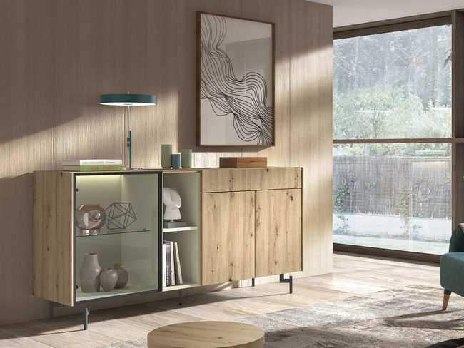 aparador con hueco central diafano y puerta de cristal mas puertas de Modelo MUEBLE-SALON-NEW-ROYAL-78 - pensado para ser útil y estilizado en salones modernos