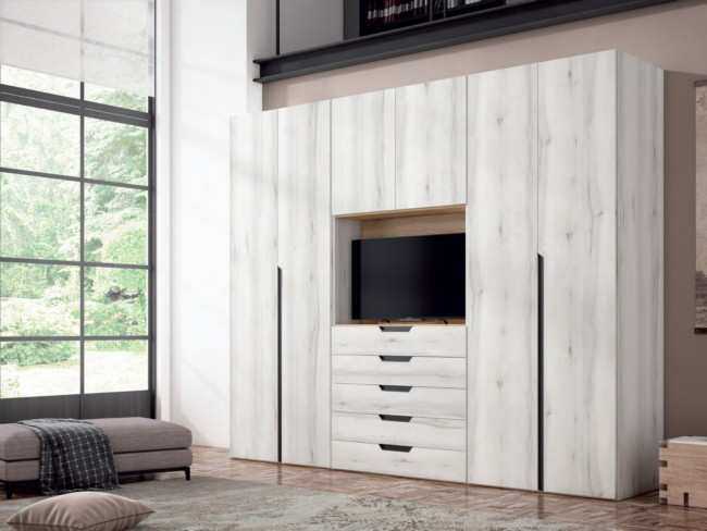 armarios 2puertas batientes 91 cm com modulo cajones tv central Modelo ARMARIO-CRETA-A20 - ideal para dormitorios de matrimonio que buscan un estilo limpio y contemporáneo