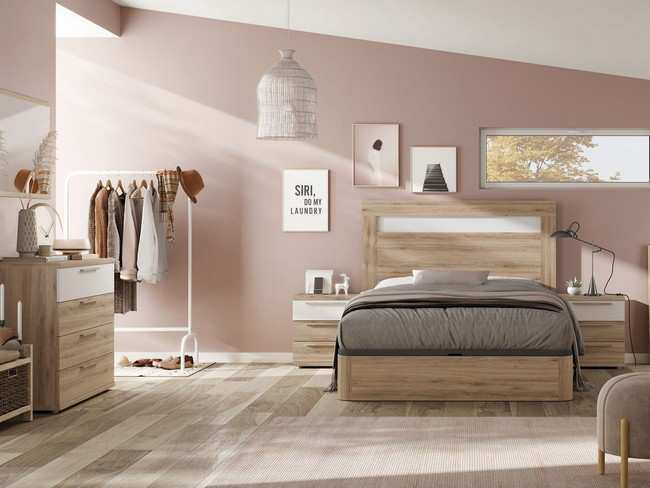 cabezal navia para colchón de 150 cm. roble natural detalle blanco Modelo KRONOS-520 - una opción práctica para organizar el almacenamiento en dormitorios de matrimonio modernos