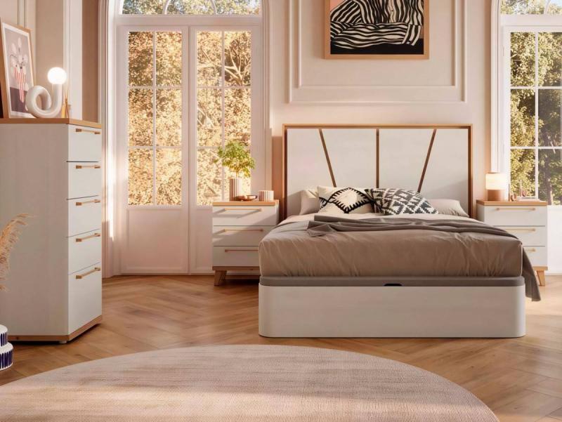 cabezal oslo 150 cm marco artisan y plafones polar, 2 mesitas 3 cajones polar tapa-base , creada para organizar el cuarto de manera eficiente