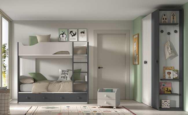 cama litera bicolor con módulo 4 contenedores y quitamiedos forma Modelo FORMAS-204  