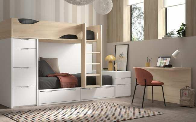 cama tren con modulo vertical de cajones y cama baja 2 baules Modelo FORMAS-213A  