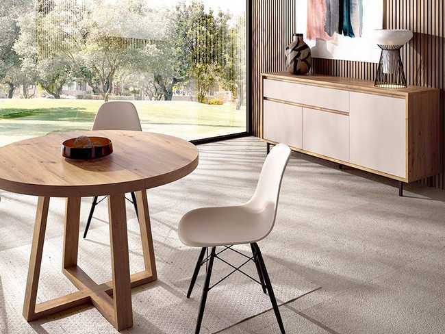 Comedor multifuncional con diseño moderno con mesa redonda extensible 110 a 170 pata Modelo MUEBLE-SALON-MODERNO-DUO-14 - una alternativa que libera espacio con elegancia