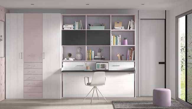 conjunto abatible horizontal baja 90x190 cm con librería y encimera. altura 220 Modelo FORMAS-253 - para crear un ambiente juvenil y moderno