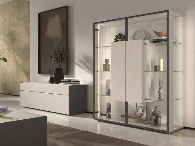 conjunto de mueble aparador bajo y vitrina con puertas y costados acristalados Modelo MUEBLE-SALON-NEW-ROYAL-44 - con un diseño que hace del salón un lugar más espacioso