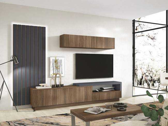 Estilo elegante y funcional en el salón con bajo con cajón, otro con 2 puertas abatibles, un soporte tv atamborado, Modelo AUSTRAL-03 - con un diseño simple, limpio y contemporáneo