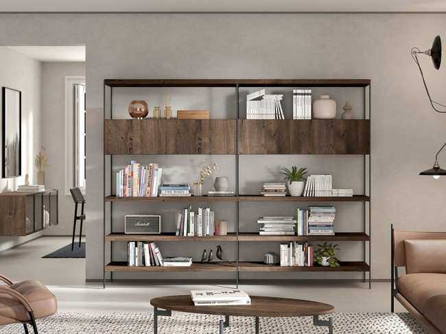 libreria modular con estructura metalica con estantes y contenedores en la zona Modelo MUEBLE-SALON-NEW-ROYAL-104 - perfecto para crear un ambiente relajante y bien estructurado