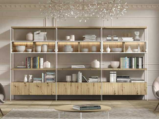 libreria modular con estructura metalica con estantes y contenedores puerta cristal en Modelo MUEBLE-SALON-NEW-ROYAL-105 - pensado para quienes buscan un mueble práctico y visualmente atractivo