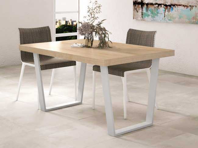 mesa comedor fija u tamborada madera / metal 140 x 90 x 76   colores metal: blanco, negro y plata gris   